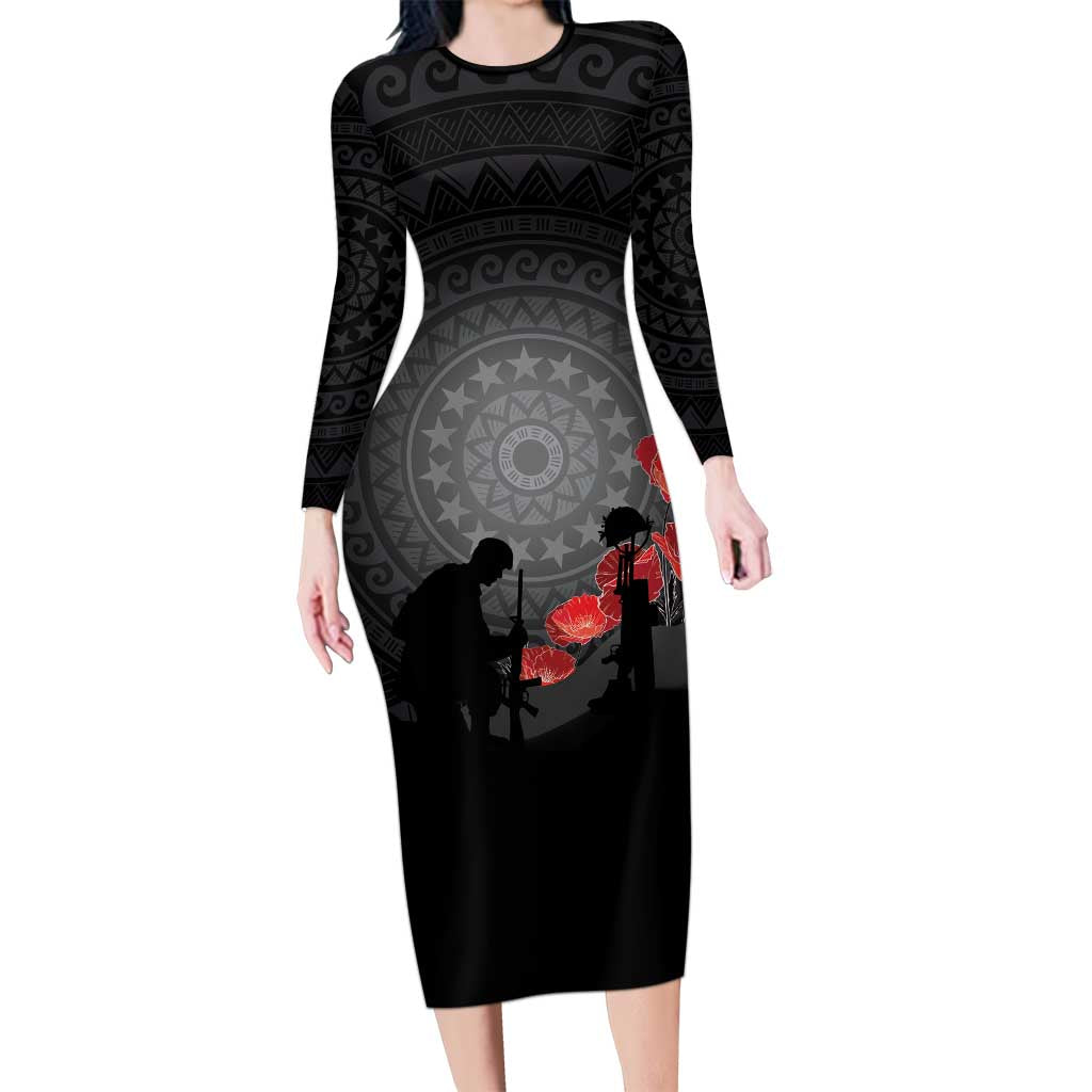 Cook Islands ANZAC Day Long Sleeve Bodycon Dress Soldier Silhouette Remembrance