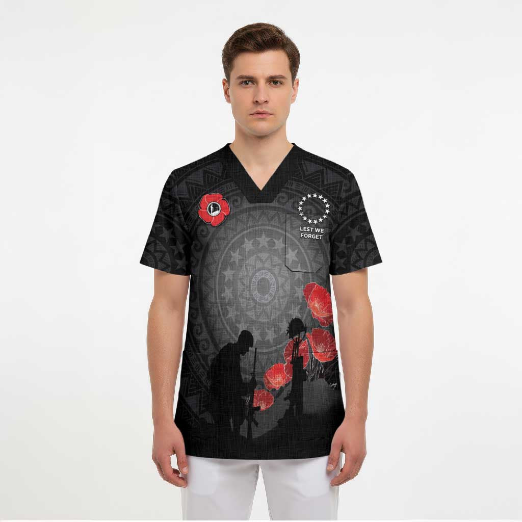 Cook Islands ANZAC Day Scrub Top Soldier Silhouette Remembrance