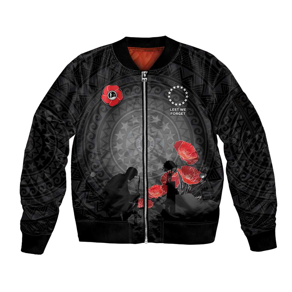 Cook Islands ANZAC Day Sleeve Zip Bomber Jacket Soldier Silhouette Remembrance