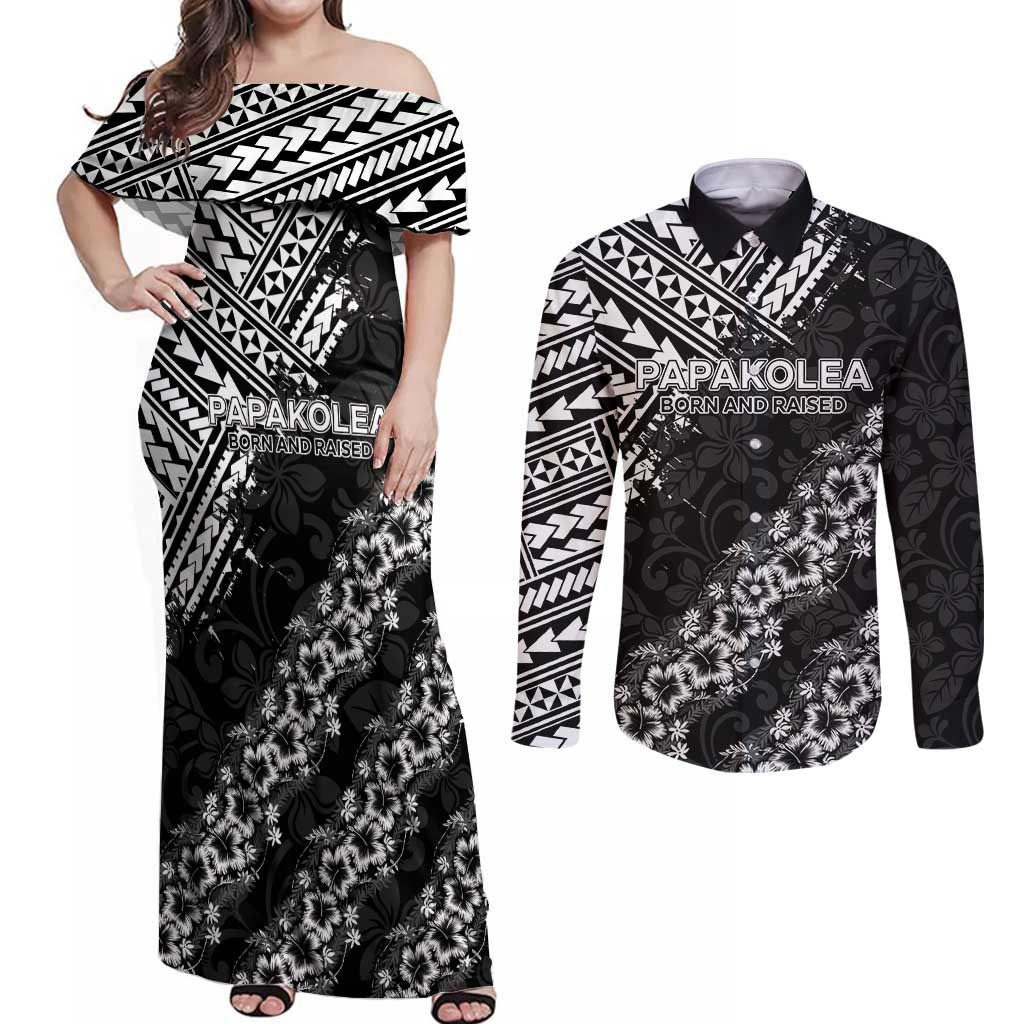 Hawaii Papakolea Born And Raised Couples Matching Off Shoulder Maxi Dress and Long Sleeve Button Shirt Hawaiian Tribal Pattern