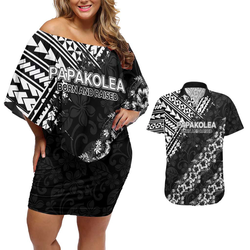 Hawaii Papakolea Born And Raised Couples Matching Off Shoulder Short Dress and Hawaiian Shirt Hawaiian Tribal Pattern
