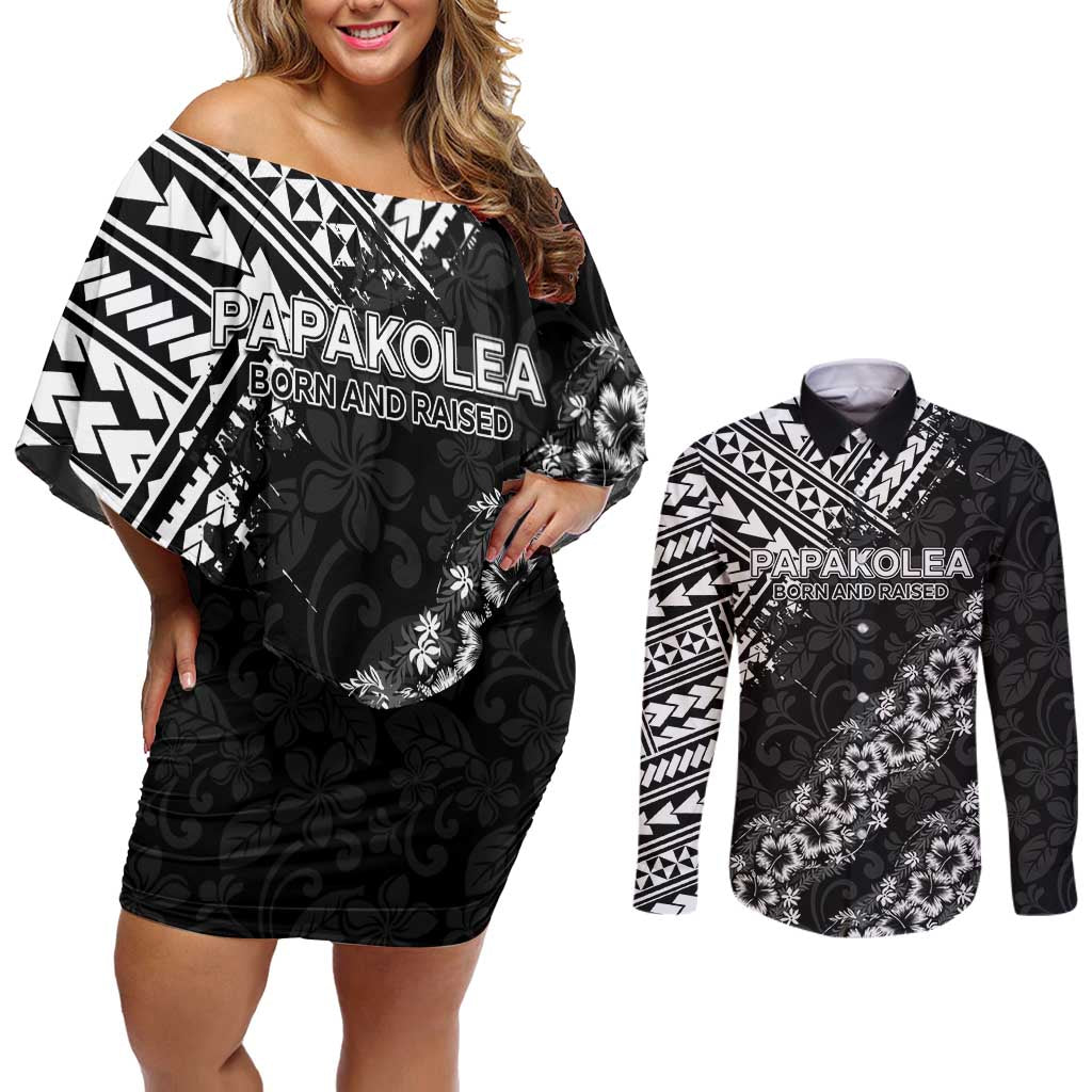 Hawaii Papakolea Born And Raised Couples Matching Off Shoulder Short Dress and Long Sleeve Button Shirt Hawaiian Tribal Pattern
