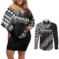 Hawaii Papakolea Born And Raised Couples Matching Off Shoulder Short Dress and Long Sleeve Button Shirt Hawaiian Tribal Pattern
