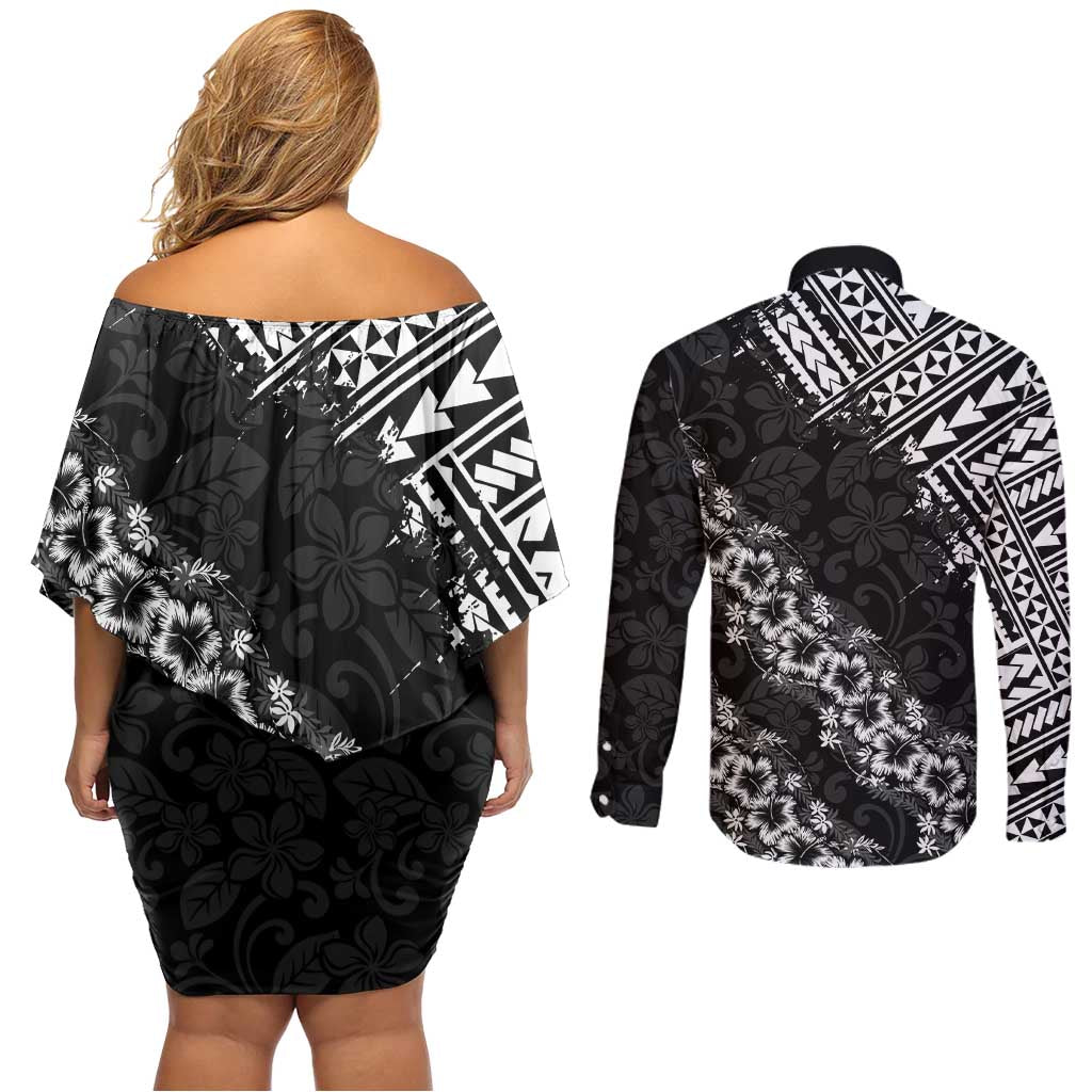 Hawaii Papakolea Born And Raised Couples Matching Off Shoulder Short Dress and Long Sleeve Button Shirt Hawaiian Tribal Pattern