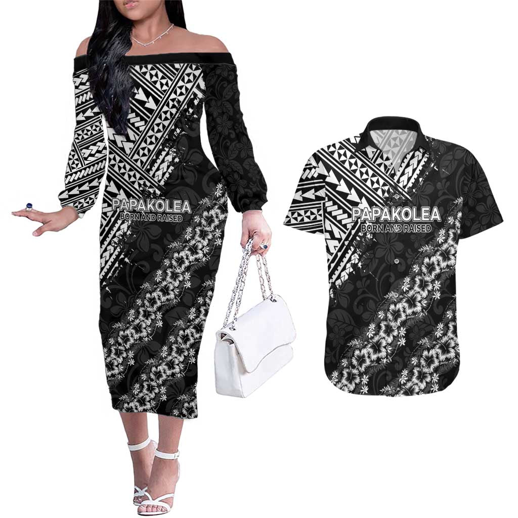 Hawaii Papakolea Born And Raised Couples Matching Off The Shoulder Long Sleeve Dress and Hawaiian Shirt Hawaiian Tribal Pattern