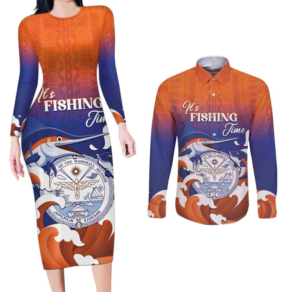 Marshall Islands Fishermen's Day Couples Matching Long Sleeve Bodycon Dress and Long Sleeve Button Shirt It's Fishing Time LT05 Orange - Polynesian Pride