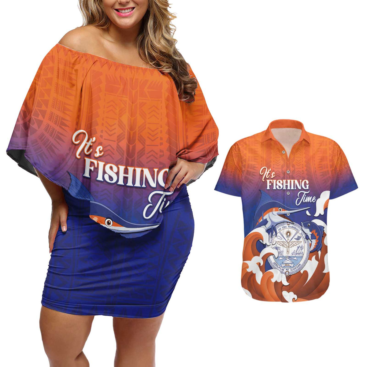 Marshall Islands Fishermen's Day Couples Matching Off Shoulder Short Dress and Hawaiian Shirt It's Fishing Time LT05 Orange - Polynesian Pride