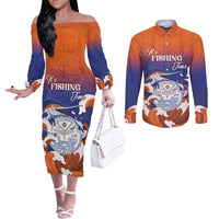 Marshall Islands Fishermen's Day Couples Matching Off The Shoulder Long Sleeve Dress and Long Sleeve Button Shirt It's Fishing Time LT05 Orange - Polynesian Pride