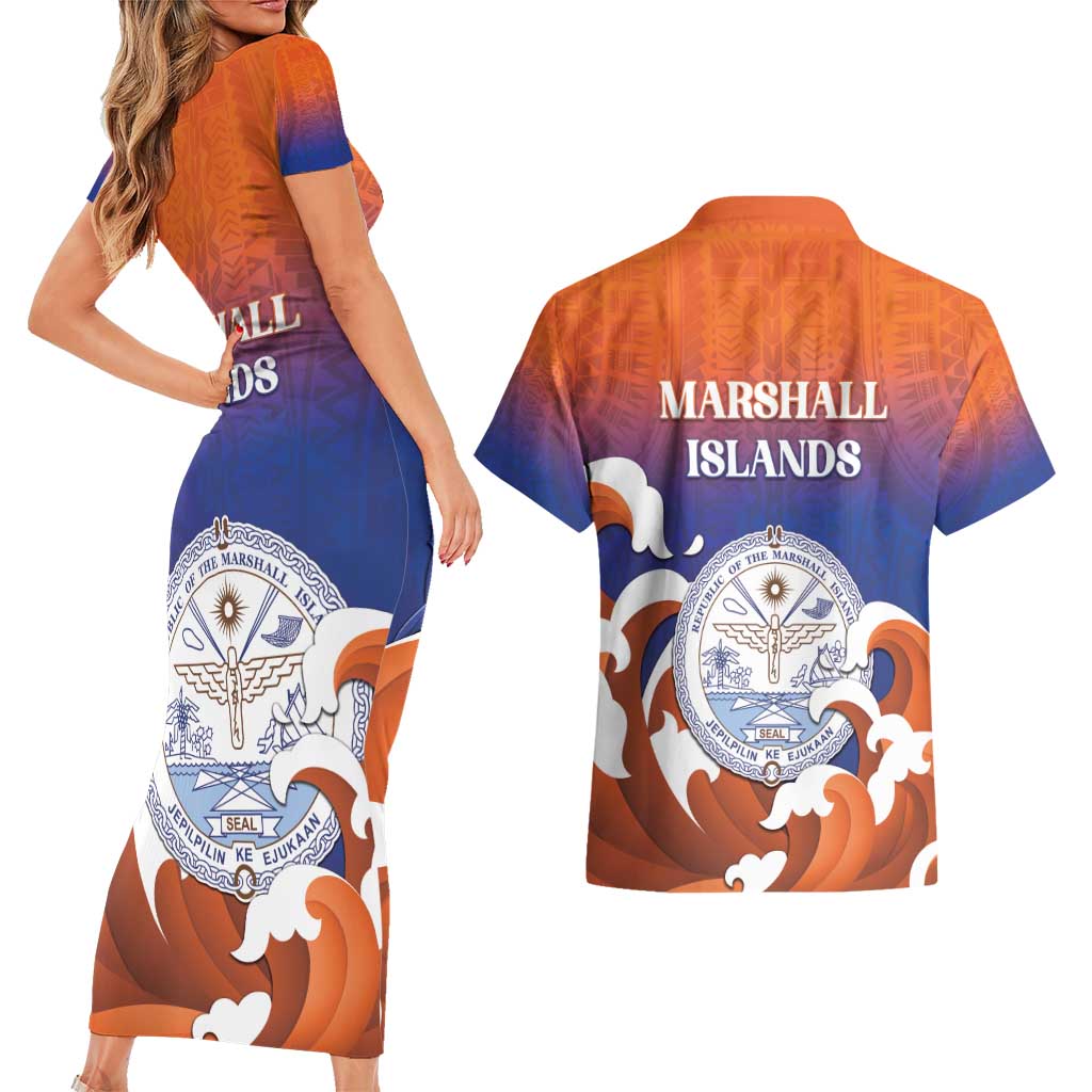 Marshall Islands Fishermen's Day Couples Matching Short Sleeve Bodycon Dress and Hawaiian Shirt It's Fishing Time LT05 - Polynesian Pride