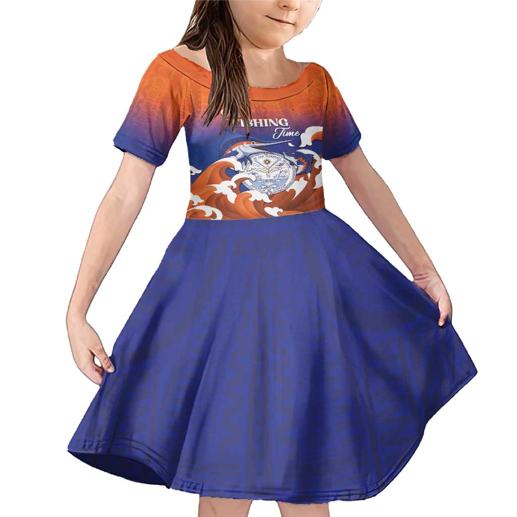 Marshall Islands Fishermen's Day Family Matching Mermaid Dress and Hawaiian Shirt It's Fishing Time LT05 Daughter's Dress Orange - Polynesian Pride