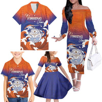 Marshall Islands Fishermen's Day Family Matching Off The Shoulder Long Sleeve Dress and Hawaiian Shirt It's Fishing Time LT05 - Polynesian Pride
