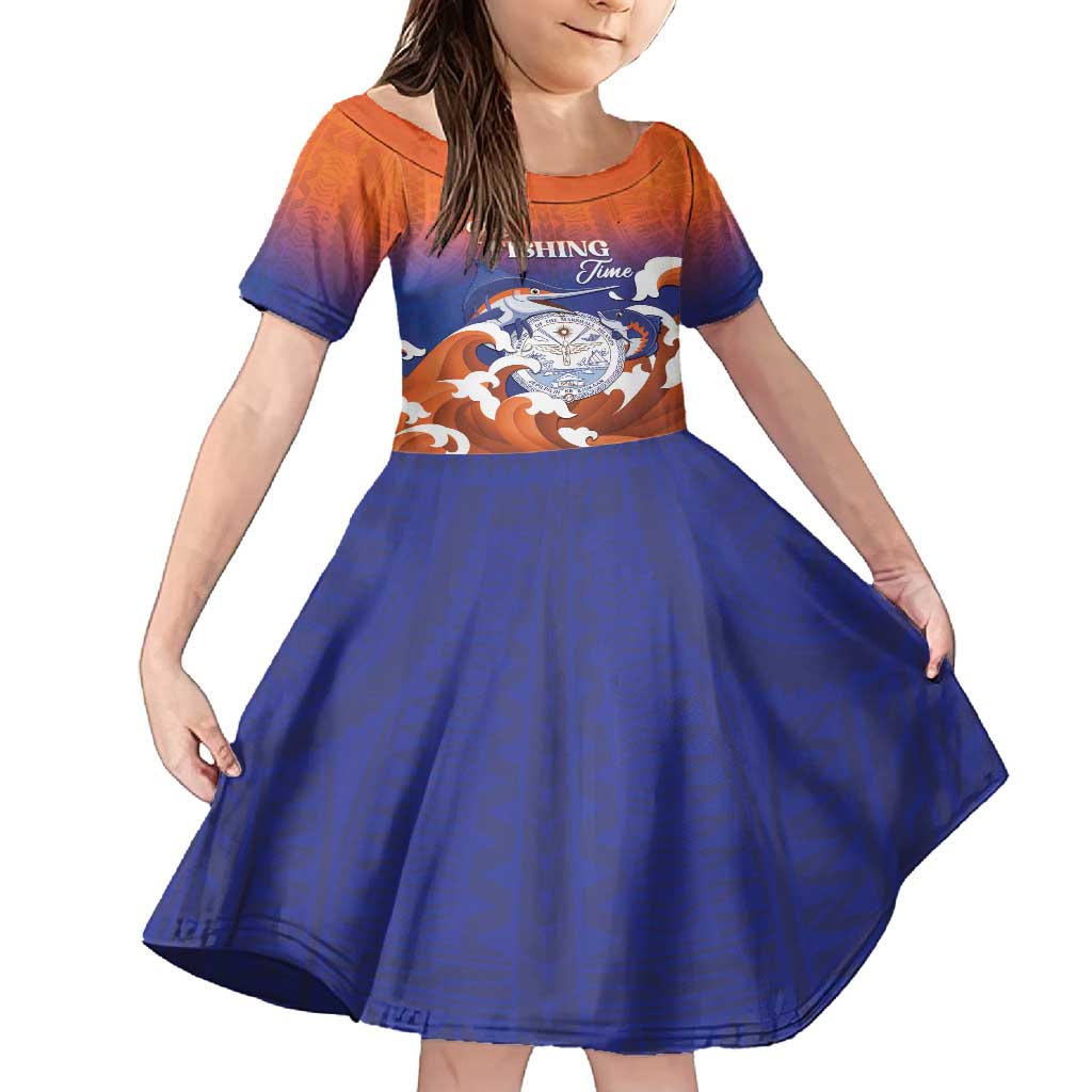 Marshall Islands Fishermen's Day Family Matching Off Shoulder Maxi Dress and Hawaiian Shirt It's Fishing Time LT05 Daughter's Dress Orange - Polynesian Pride