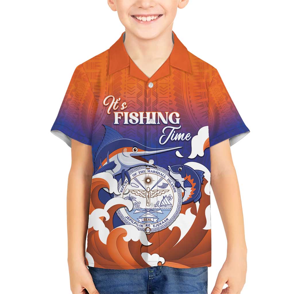 Marshall Islands Fishermen's Day Family Matching Off Shoulder Maxi Dress and Hawaiian Shirt It's Fishing Time LT05 Son's Shirt Orange - Polynesian Pride