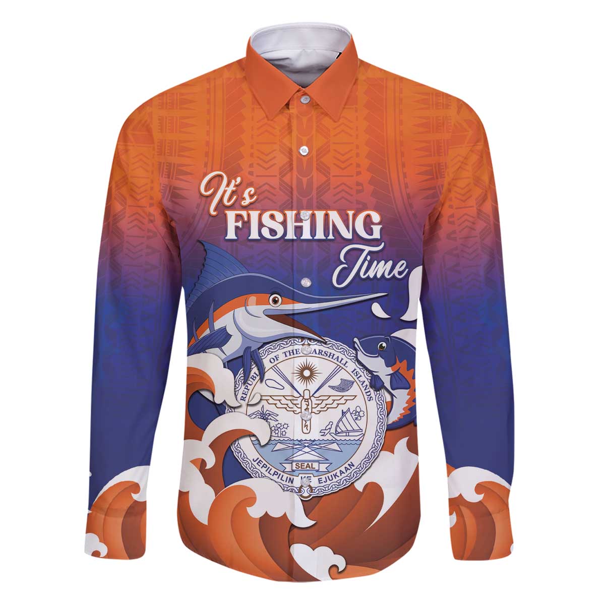 Marshall Islands Fishermen's Day Family Matching Puletasi and Hawaiian Shirt It's Fishing Time LT05 Dad's Shirt - Long Sleeve Orange - Polynesian Pride