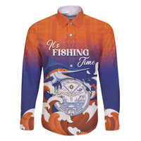 Marshall Islands Fishermen's Day Family Matching Puletasi and Hawaiian Shirt It's Fishing Time LT05 Dad's Shirt - Long Sleeve Orange - Polynesian Pride
