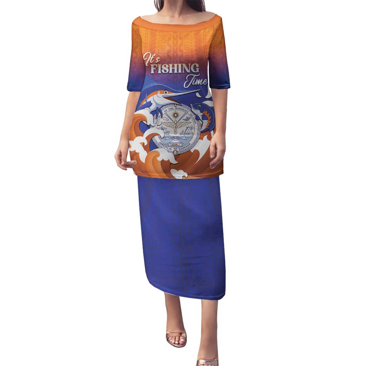 Marshall Islands Fishermen's Day Family Matching Puletasi and Hawaiian Shirt It's Fishing Time LT05 Mom's Dress Orange - Polynesian Pride