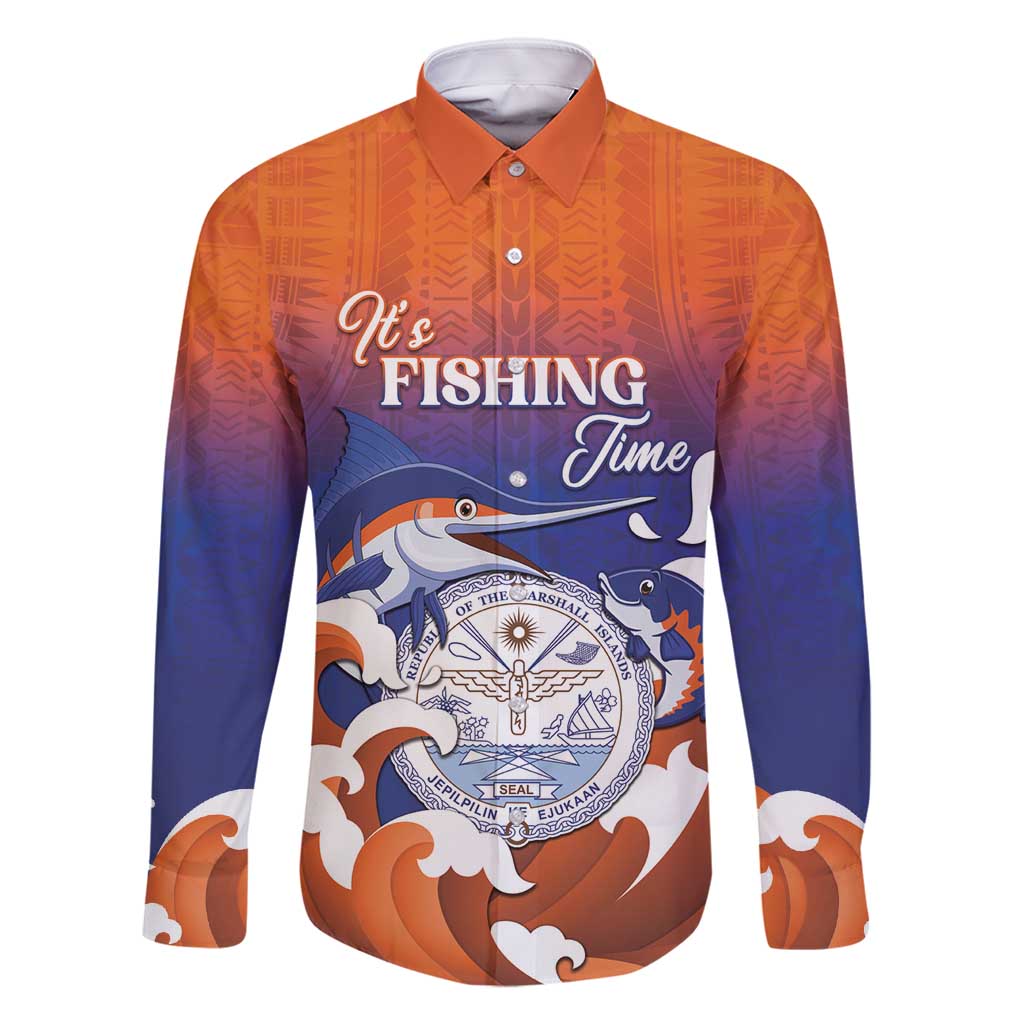 Marshall Islands Fishermen's Day Family Matching Tank Maxi Dress and Hawaiian Shirt It's Fishing Time LT05 Dad's Shirt - Long Sleeve Orange - Polynesian Pride