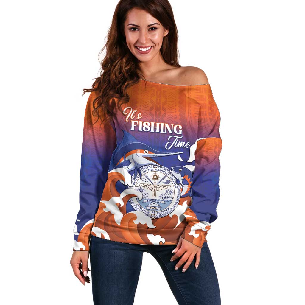 Marshall Islands Fishermen's Day Off Shoulder Sweater It's Fishing Time LT05 Women Orange - Polynesian Pride