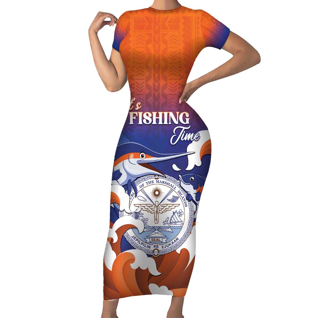 Marshall Islands Fishermen's Day Short Sleeve Bodycon Dress It's Fishing Time LT05 Long Dress Orange - Polynesian Pride