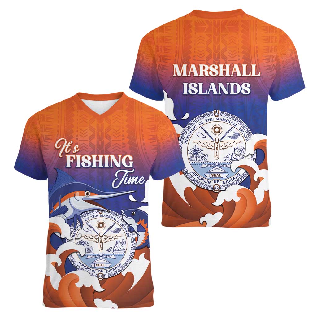 Marshall Islands Fishermen's Day Women V-Neck T-Shirt It's Fishing Time
