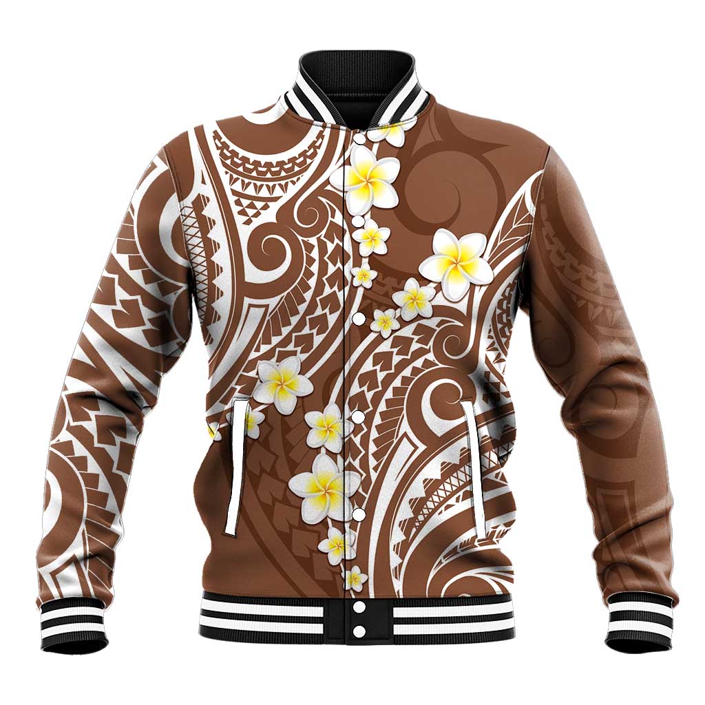 Plumeria With Brown Polynesian Tattoo Pattern Baseball Jacket