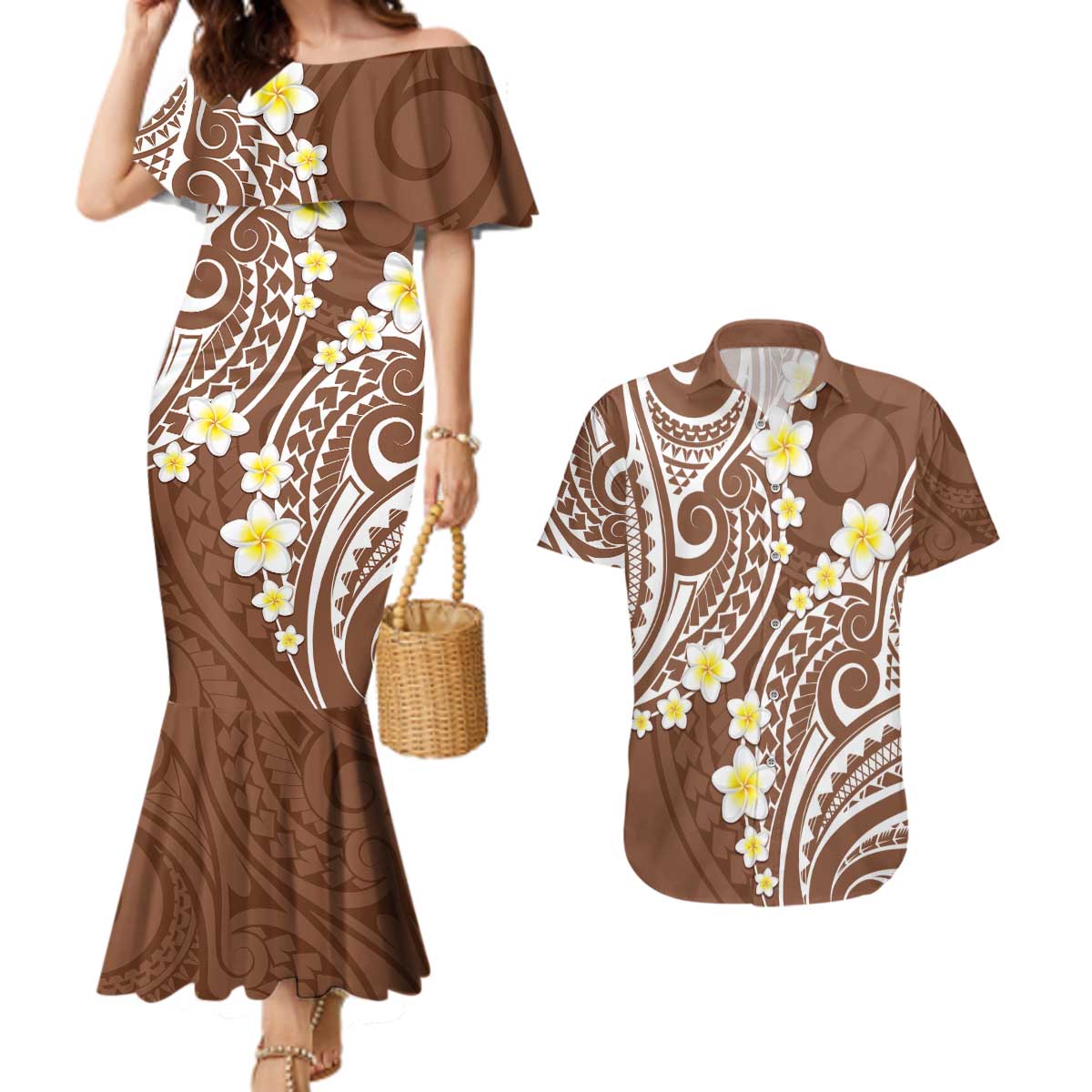 Plumeria With Brown Polynesian Tattoo Pattern Couples Matching Mermaid Dress and Hawaiian Shirt LT05 Brown - Polynesian Pride