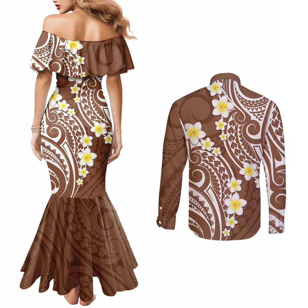 Plumeria With Brown Polynesian Tattoo Pattern Couples Matching Mermaid Dress and Long Sleeve Button Shirt