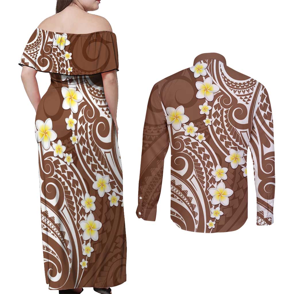 Plumeria With Brown Polynesian Tattoo Pattern Couples Matching Off Shoulder Maxi Dress and Long Sleeve Button Shirt LT05 - Polynesian Pride