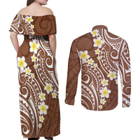 Plumeria With Brown Polynesian Tattoo Pattern Couples Matching Off Shoulder Maxi Dress and Long Sleeve Button Shirt LT05 - Polynesian Pride