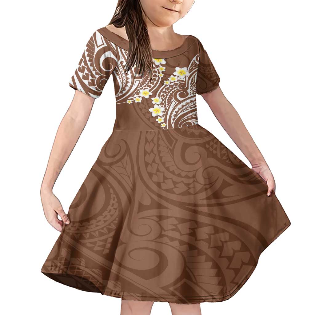 Plumeria With Brown Polynesian Tattoo Pattern Family Matching Summer Maxi Dress and Hawaiian Shirt LT05 Daughter's Dress Brown - Polynesian Pride