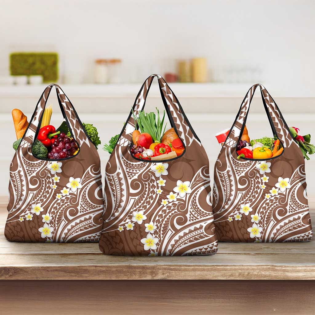 Plumeria With Brown Polynesian Tattoo Pattern Grocery Bag