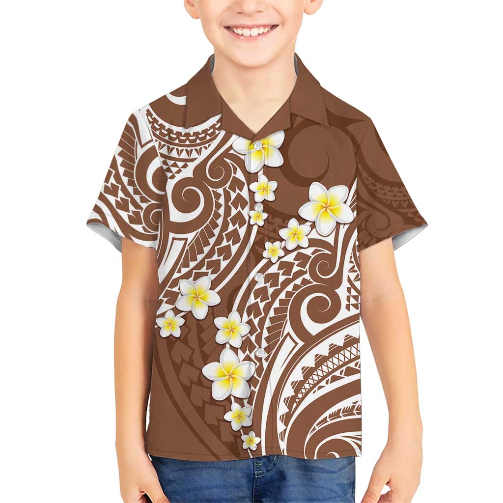 Plumeria With Brown Polynesian Tattoo Pattern Kid Hawaiian Shirt