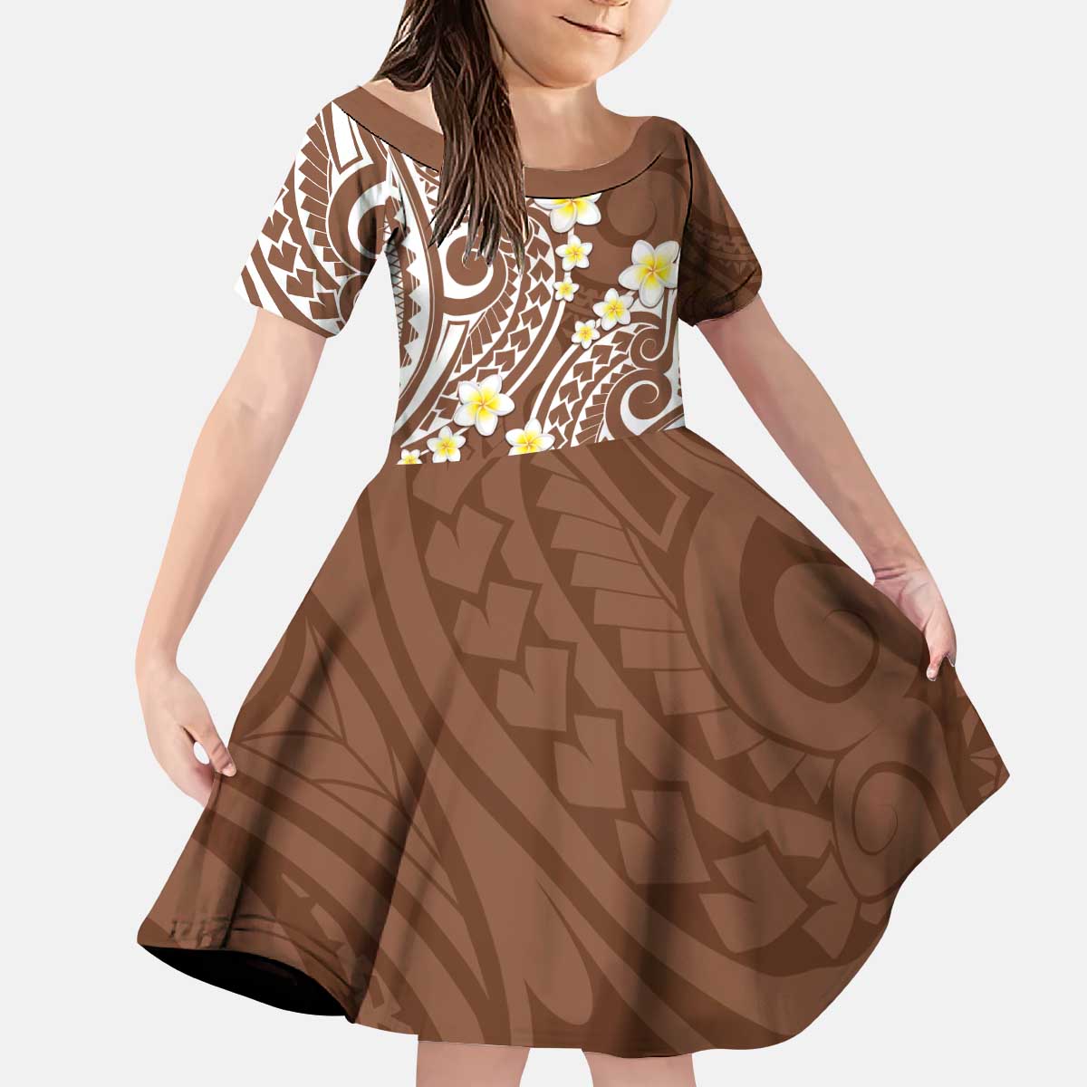 Plumeria With Brown Polynesian Tattoo Pattern Kid Short Sleeve Dress LT05 KID Brown - Polynesian Pride
