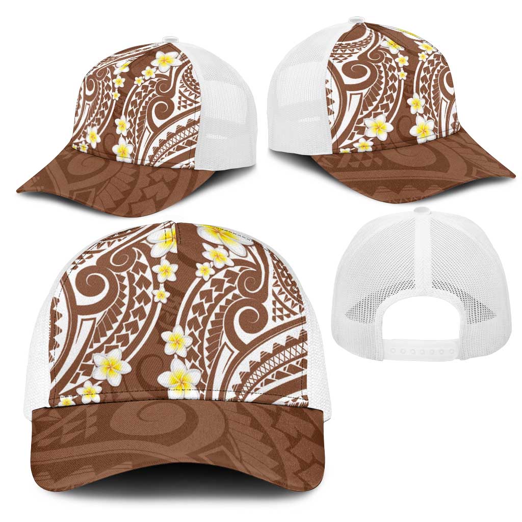 Plumeria With Brown Polynesian Tattoo Pattern Mesh Trucker Cap - Polynesian Pride