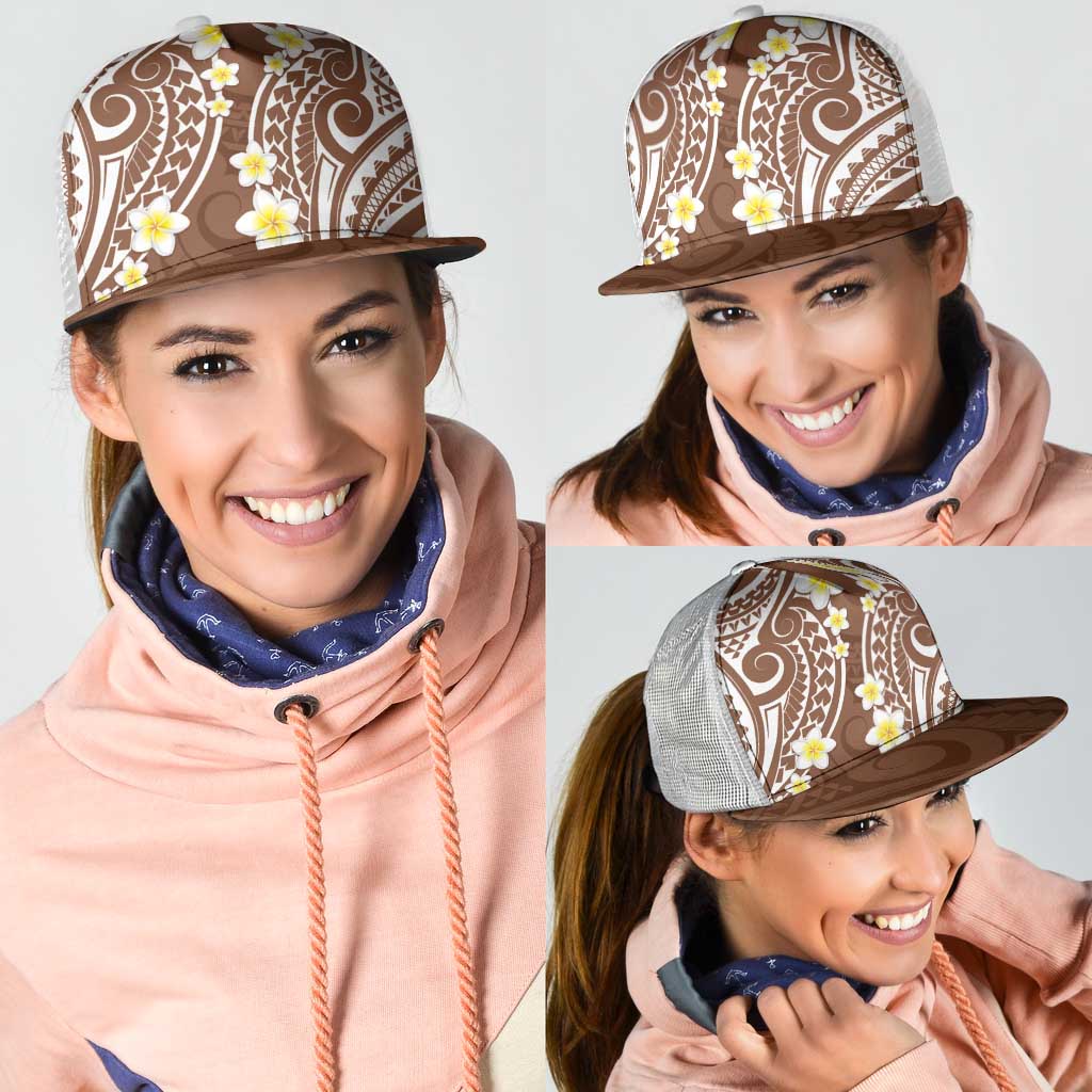 Plumeria With Brown Polynesian Tattoo Pattern Mesh Trucker Cap - Polynesian Pride