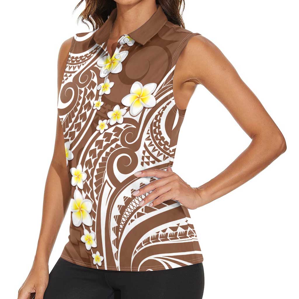 Plumeria With Brown Polynesian Tattoo Pattern Women Sleeveless Polo Shirt