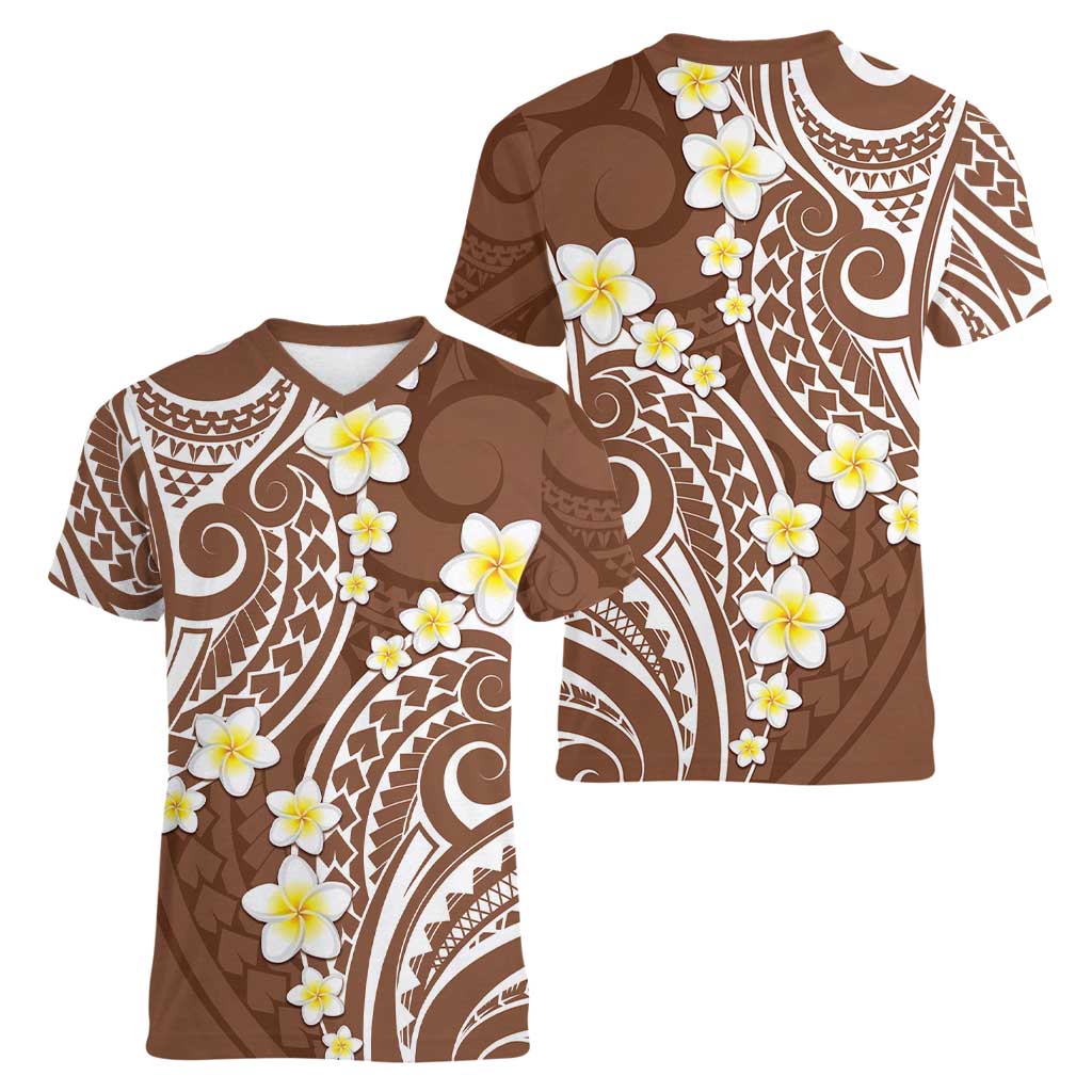 Plumeria With Brown Polynesian Tattoo Pattern Women V-Neck T-Shirt