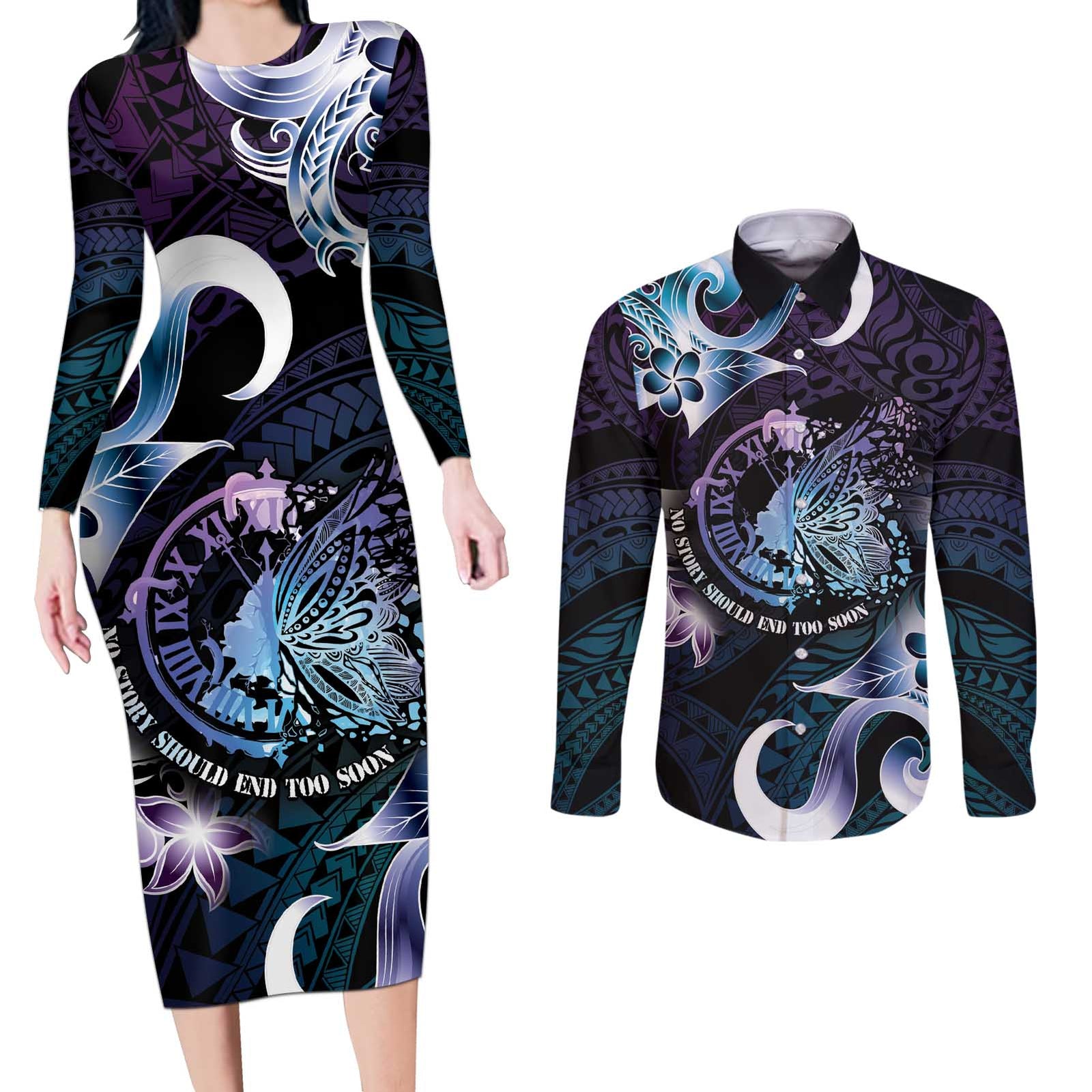 Personalised Polynesia Suicide Prevention Awareness Couples Matching Long Sleeve Bodycon Dress and Long Sleeve Button Shirt No Story Should End Too Soon