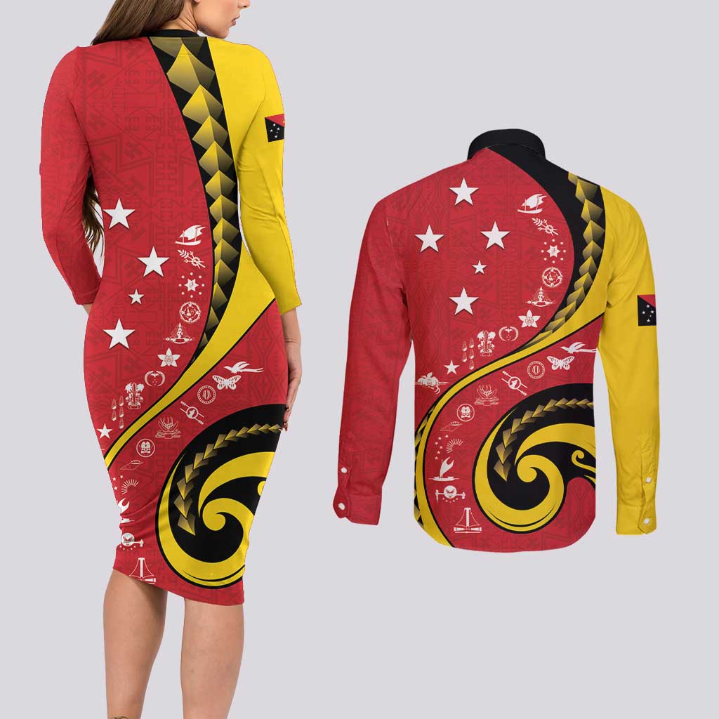 Papua New Guinea 50th Independence Anniversary Couples Matching Long Sleeve Bodycon Dress and Long Sleeve Button Shirt Special Style Red Version - Polynesian Pride