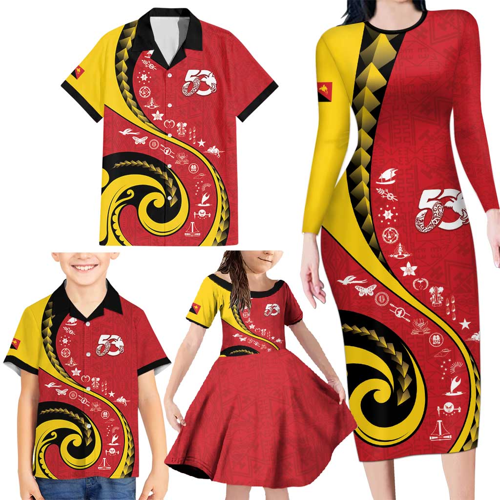 Papua New Guinea 50th Independence Anniversary Family Matching Long Sleeve Bodycon Dress and Hawaiian Shirt Special Style Red Version LT05 - Polynesian Pride