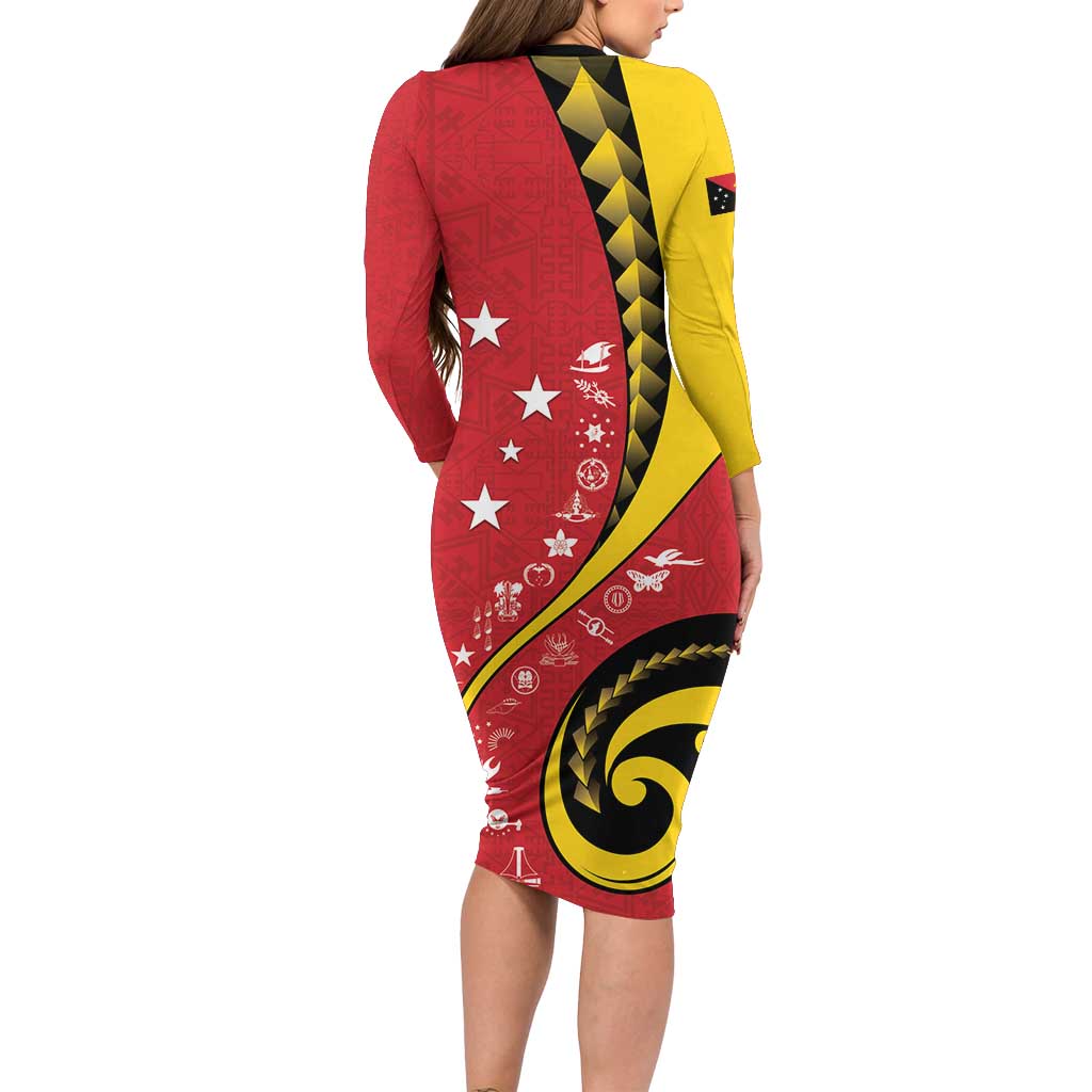 Papua New Guinea 50th Independence Anniversary Family Matching Long Sleeve Bodycon Dress and Hawaiian Shirt Special Style Red Version LT05 - Polynesian Pride