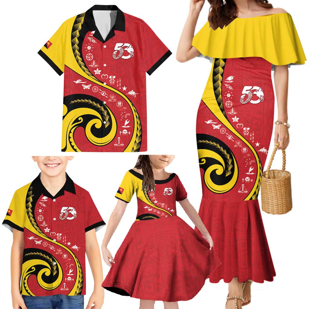 Papua New Guinea 50th Independence Anniversary Family Matching Mermaid Dress and Hawaiian Shirt Special Style Red Version LT05 - Polynesian Pride