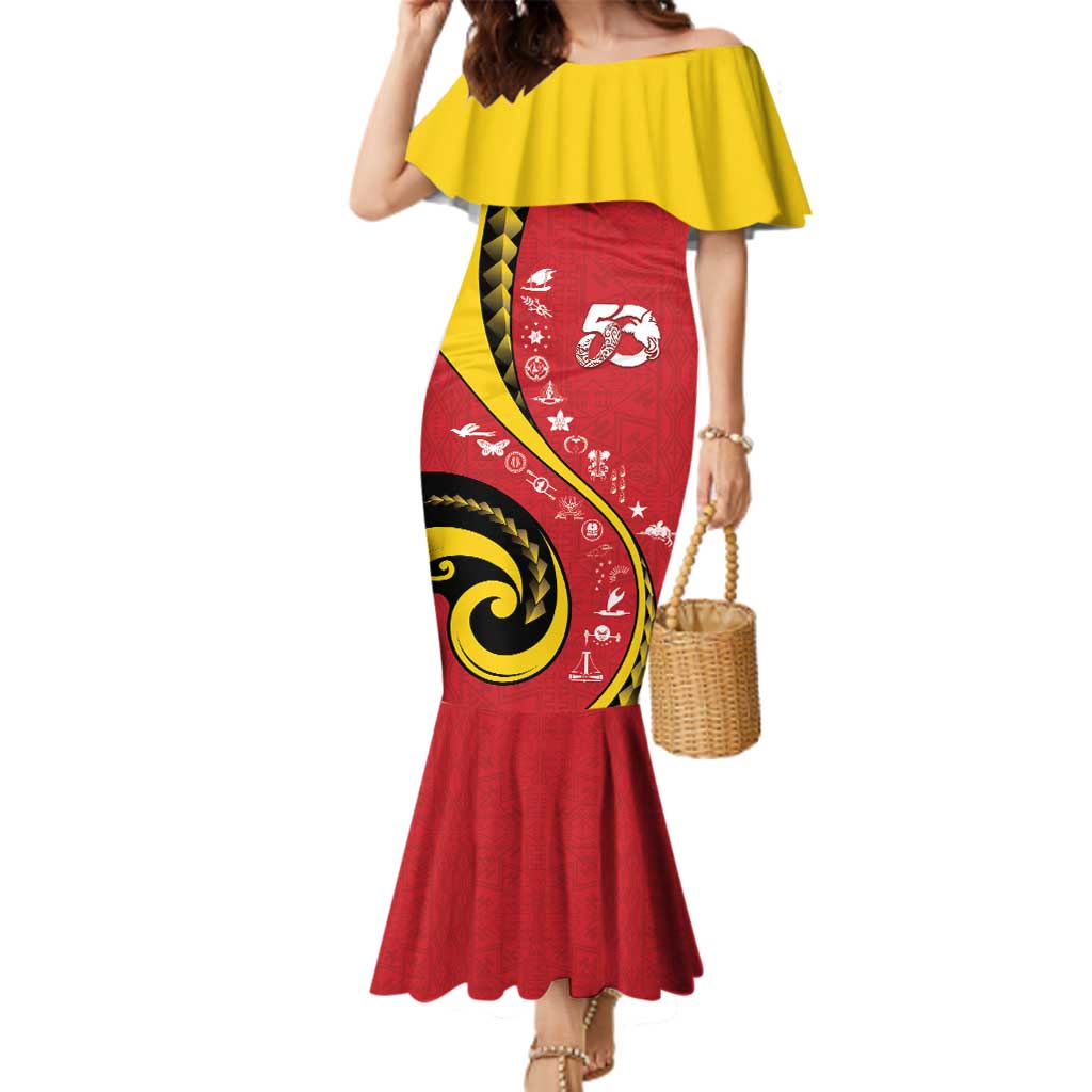 Papua New Guinea 50th Independence Anniversary Family Matching Mermaid Dress and Hawaiian Shirt Special Style Red Version LT05 Mom's Dress Red - Polynesian Pride