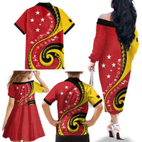 Papua New Guinea 50th Independence Anniversary Family Matching Off The Shoulder Long Sleeve Dress and Hawaiian Shirt Special Style Red Version LT05 - Polynesian Pride