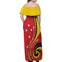 Papua New Guinea 50th Independence Anniversary Family Matching Off Shoulder Maxi Dress and Hawaiian Shirt Special Style Red Version LT05 - Polynesian Pride