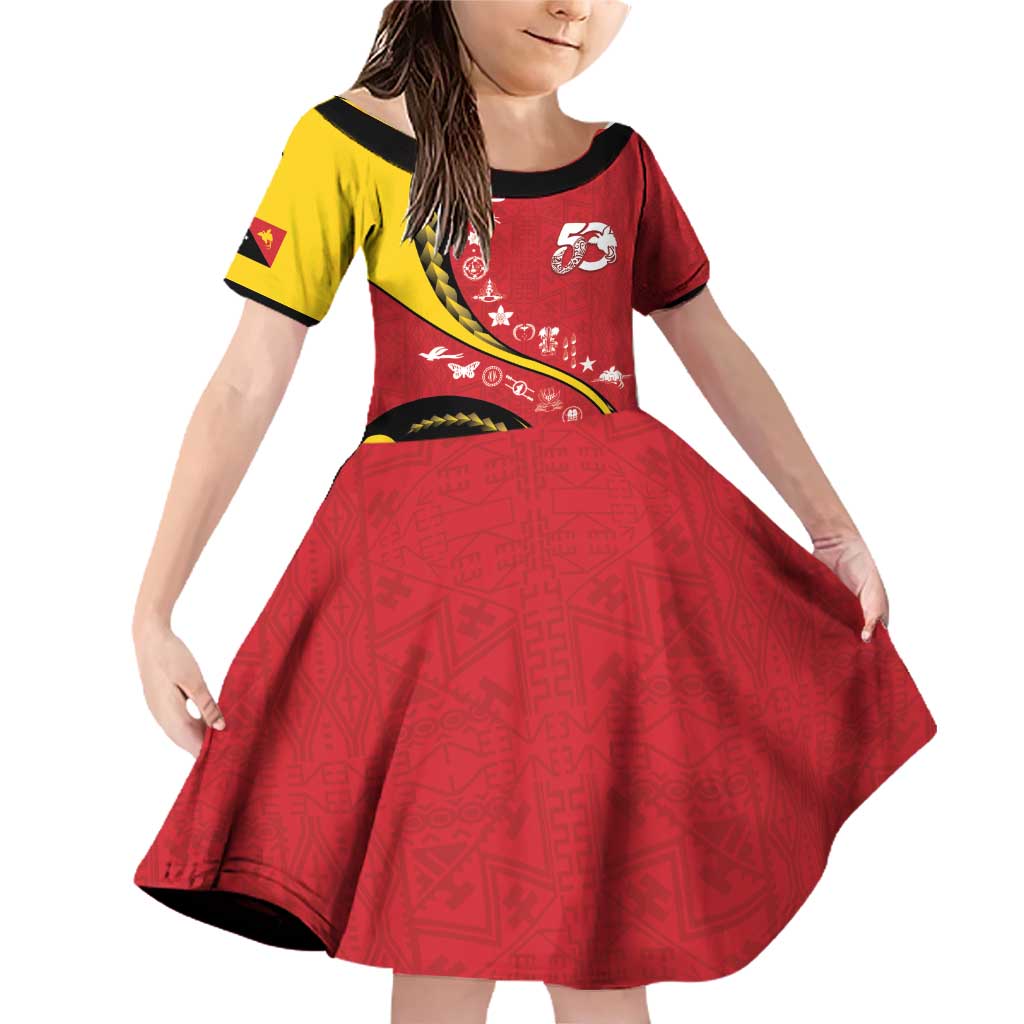 Papua New Guinea 50th Independence Anniversary Family Matching Off Shoulder Short Dress and Hawaiian Shirt Special Style Red Version LT05 Daughter's Dress Red - Polynesian Pride