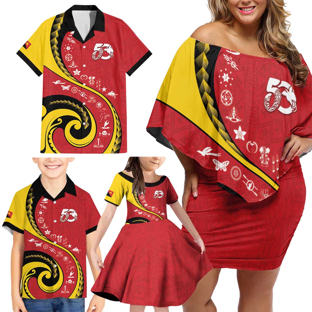 Papua New Guinea 50th Independence Anniversary Family Matching Off Shoulder Short Dress and Hawaiian Shirt Special Style Red Version LT05 - Polynesian Pride