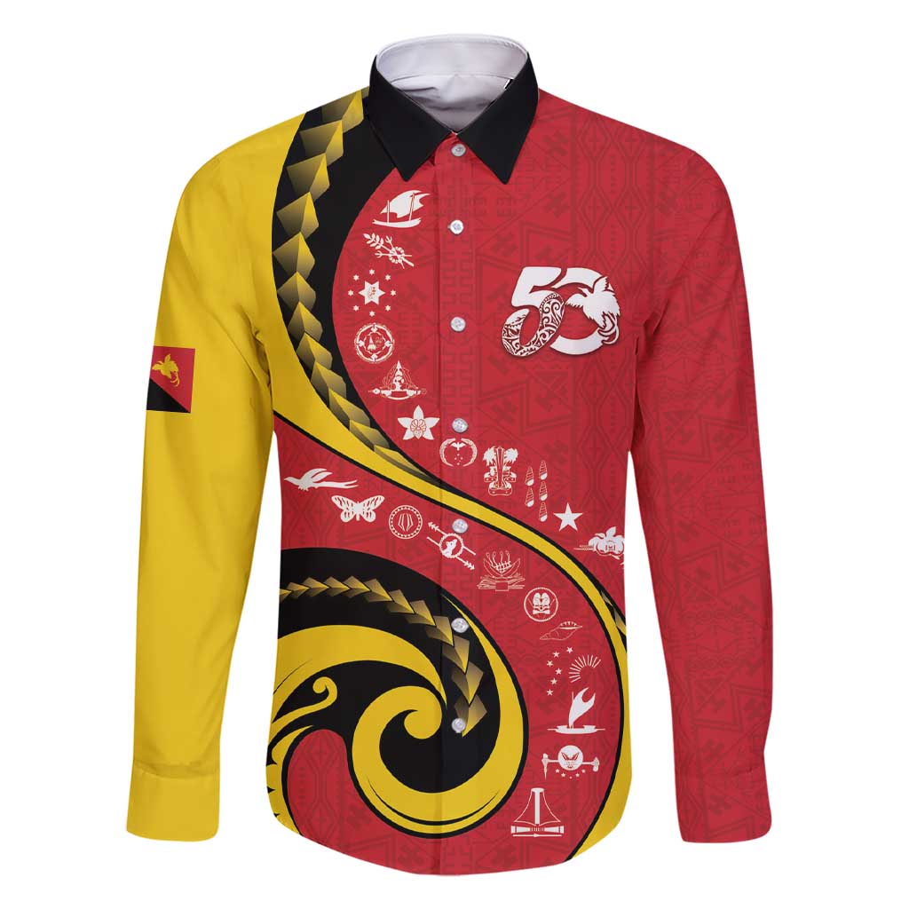 Papua New Guinea 50th Independence Anniversary Family Matching Short Sleeve Bodycon Dress and Hawaiian Shirt Special Style Red Version LT05 Dad's Shirt - Long Sleeve Red - Polynesian Pride