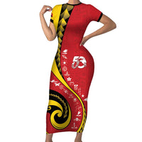 Papua New Guinea 50th Independence Anniversary Family Matching Short Sleeve Bodycon Dress and Hawaiian Shirt Special Style Red Version LT05 Mom's Dress Red - Polynesian Pride
