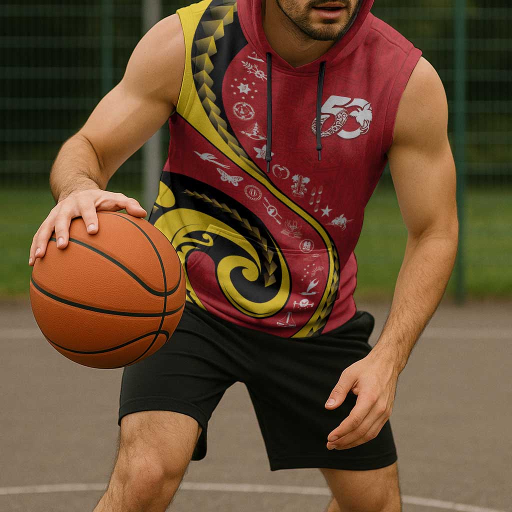 Papua New Guinea 50th Independence Anniversary Sleeveless Hoodie Special Style Red Version - Polynesian Pride